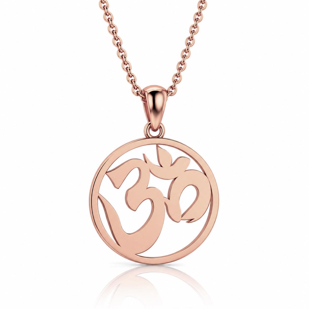 A rose gold-colored pendant necklace with a circular pendant featuring the Om symbol.