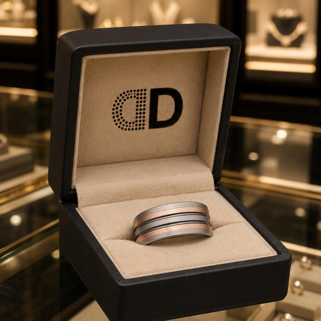 A silver ring is displayed in a black jewelry box with the letters "CD" printed on it.