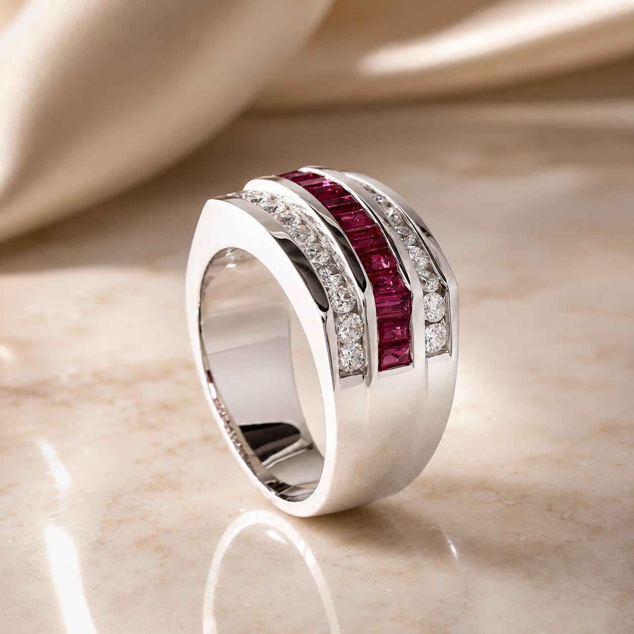 A silver ring with a large red gemstone in the center, surrounded by smaller diamonds.