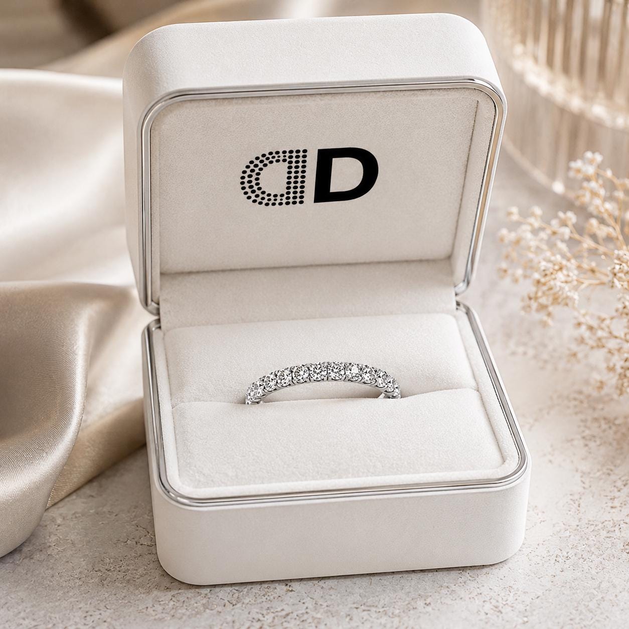 A diamond ring is displayed in a white jewelry box with the initials "CD" on the lid.