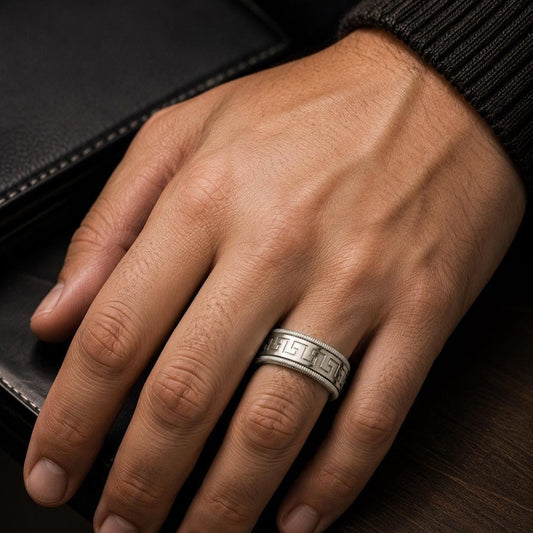 A close-up image of a person's hand wearing a silver ring on the ring finger.