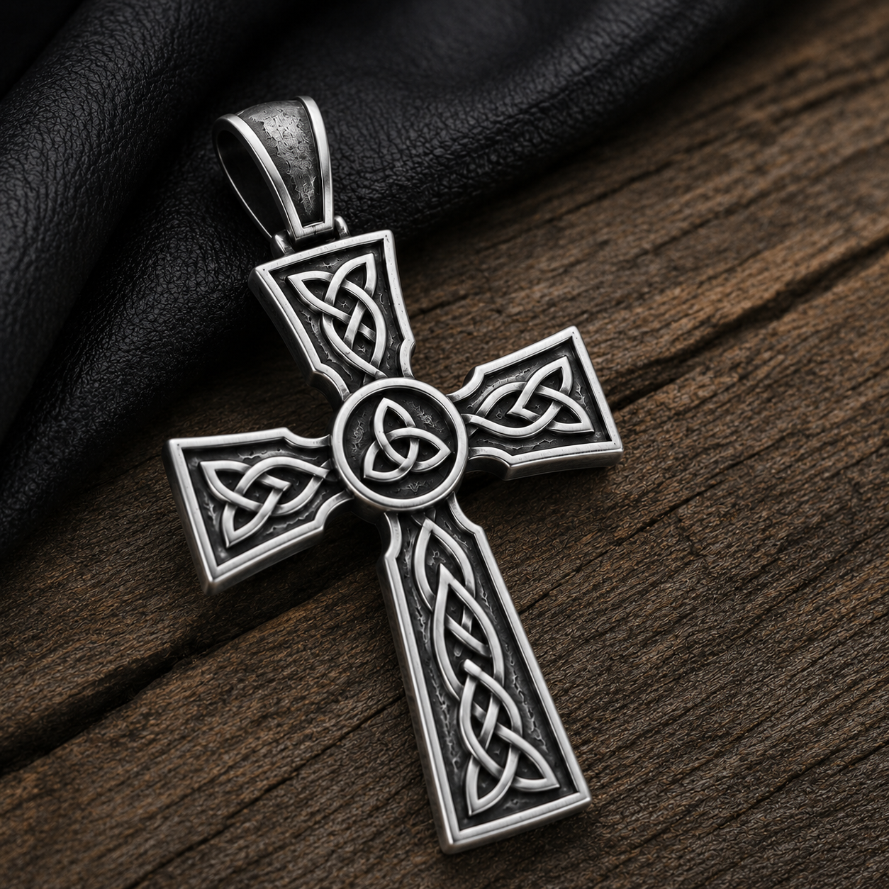 A silver cross pendant with intricate Celtic knot designs is resting on a wooden surface.