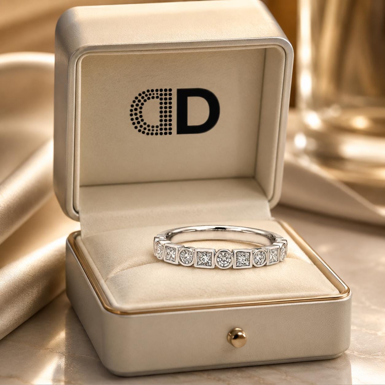 A diamond ring is displayed in a white jewelry box with a gold trim, placed on a marble surface.