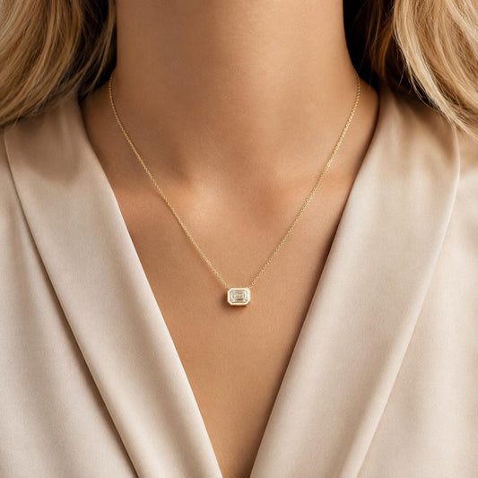 A close-up of a woman's neck wearing a gold necklace with a small diamond pendant.