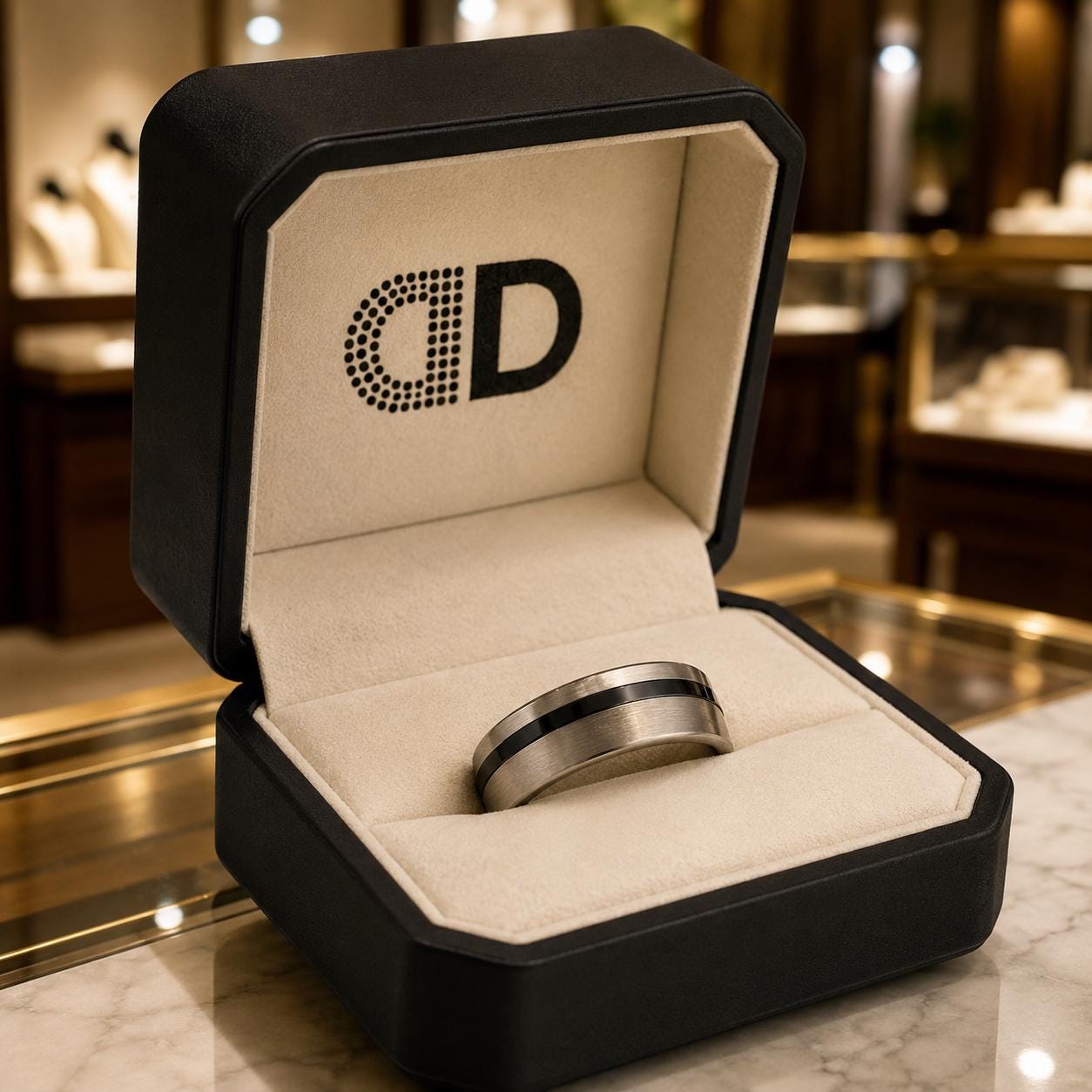 A silver ring is displayed in a black jewelry box with a white interior, placed on a marble countertop.