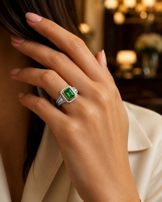 A close-up of a person's hand wearing a ring with a large, green gemstone.