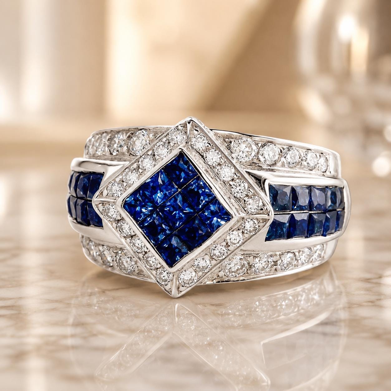 A diamond ring with a large blue gemstone set in the center, surrounded by smaller diamonds.