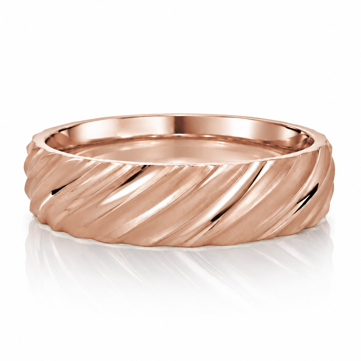 A shiny, copper-colored ring with a twisted, swirling design.