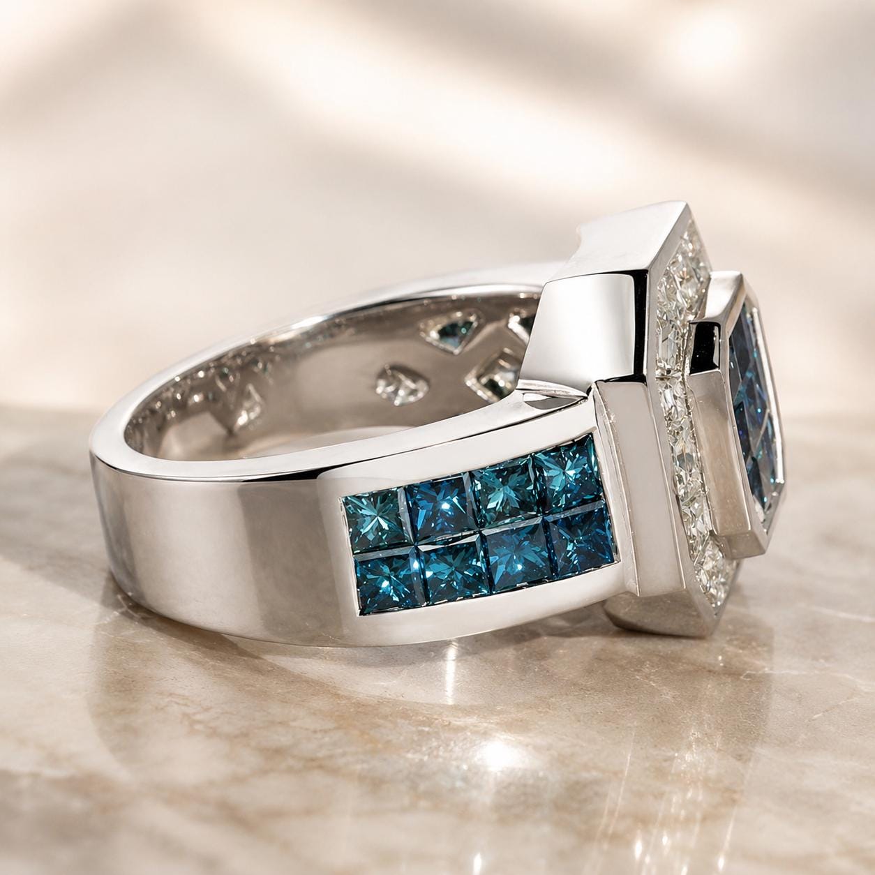 A silver ring with a large blue gemstone set in the center, surrounded by smaller blue gemstones.