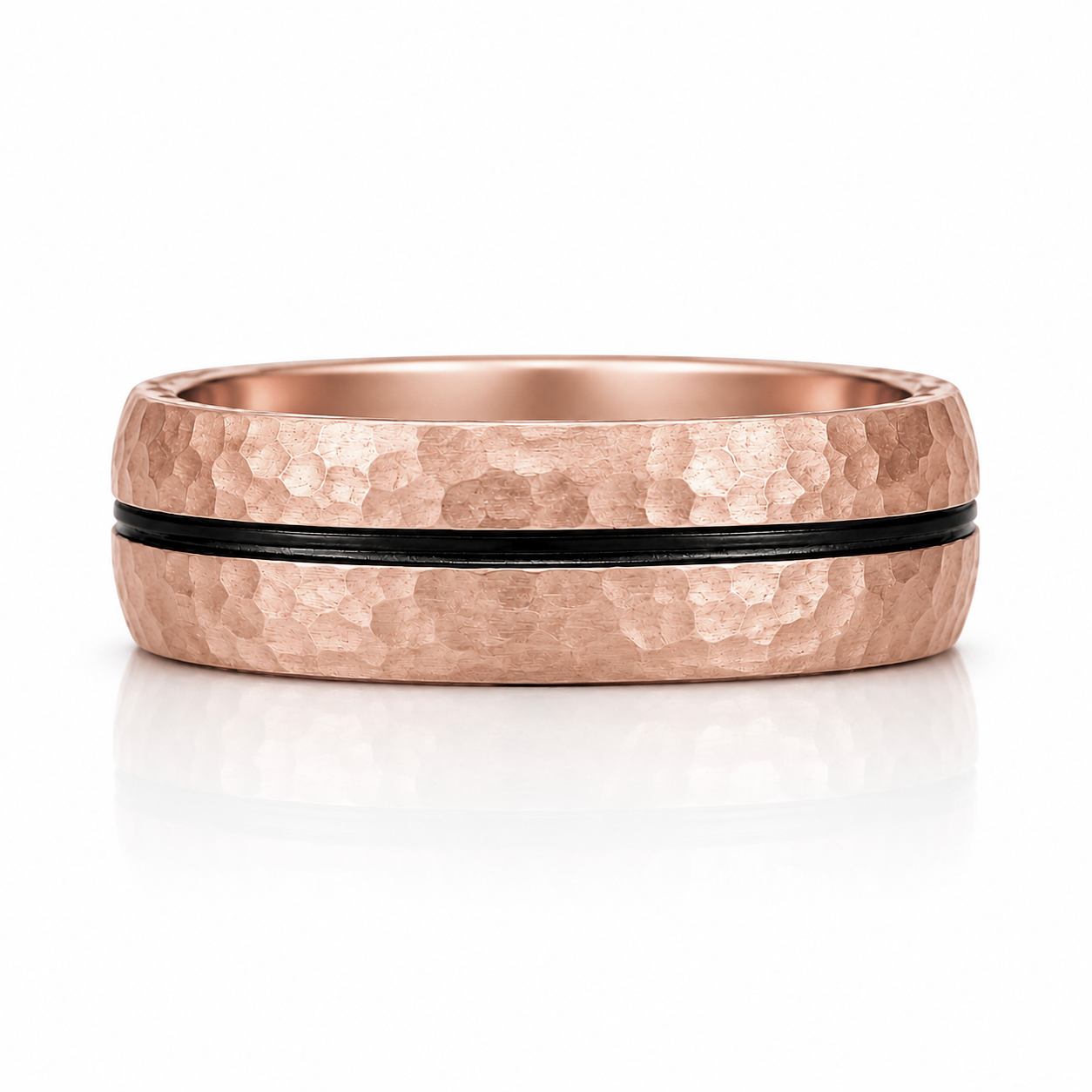 A close-up image of a copper-colored ring with a black band around the top edge.