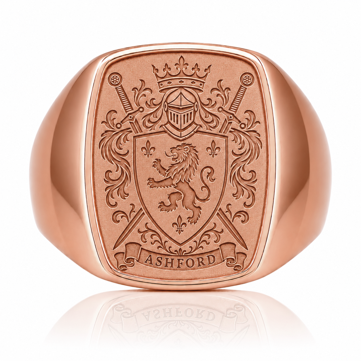 A copper-colored ring with an embossed shield design featuring a lion, crossed swords, and a crown, with the word "ASHFORD" below the shield.