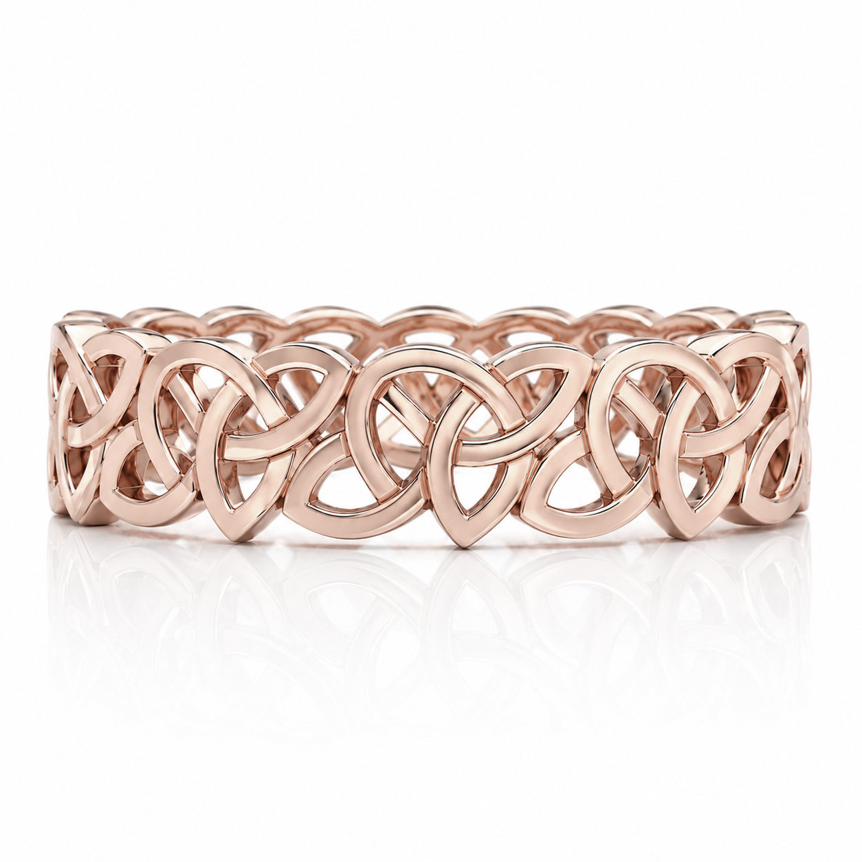 A rose gold bracelet with intricate Celtic knot designs.