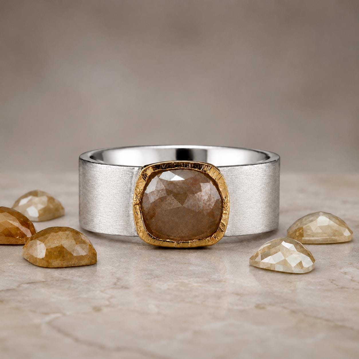 a silver ring with a large, irregularly shaped diamond in the center, surrounded by smaller diamonds on a marble surface.