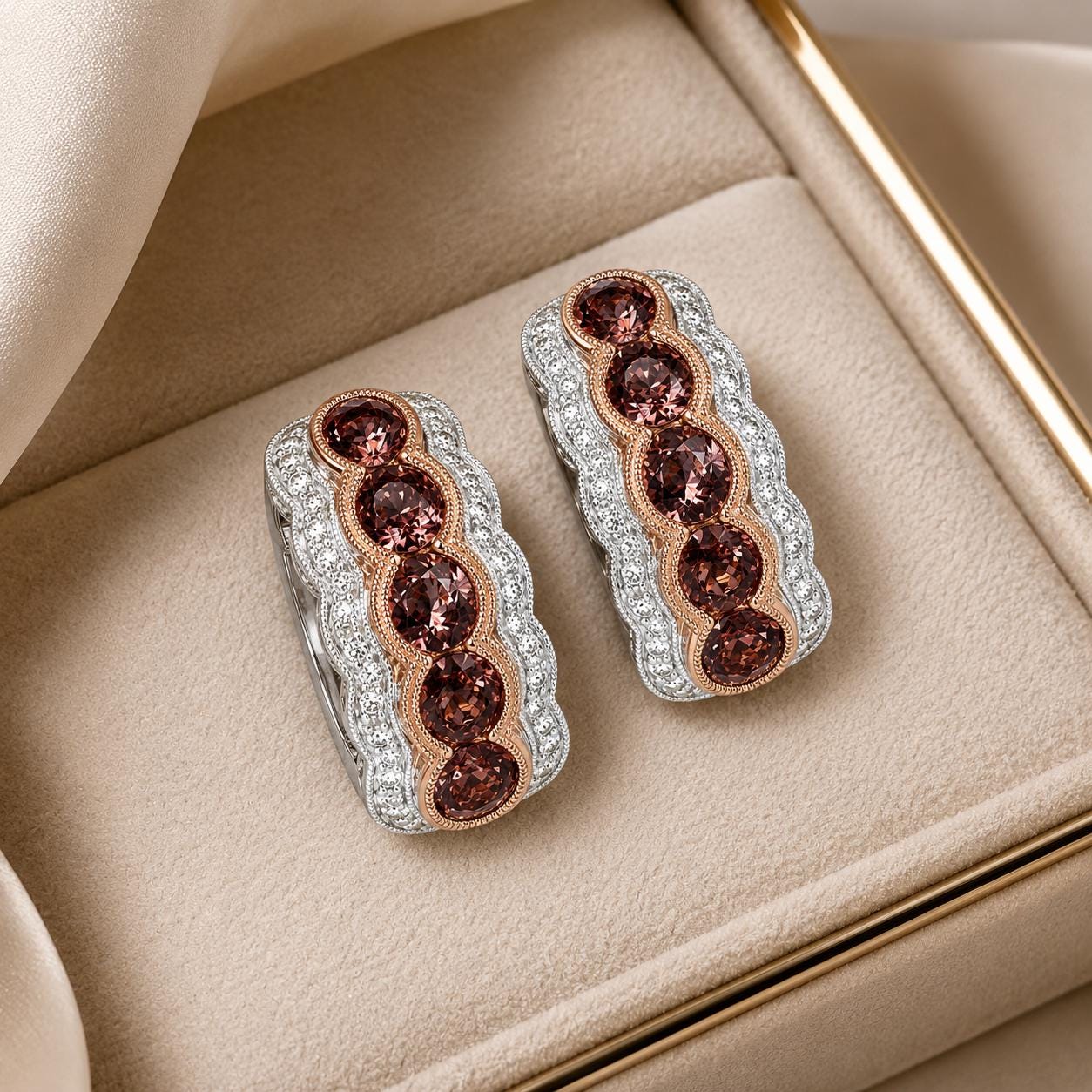 A pair of elegant earrings with a row of red gemstones set in a silver and gold design, displayed in a beige jewelry box.