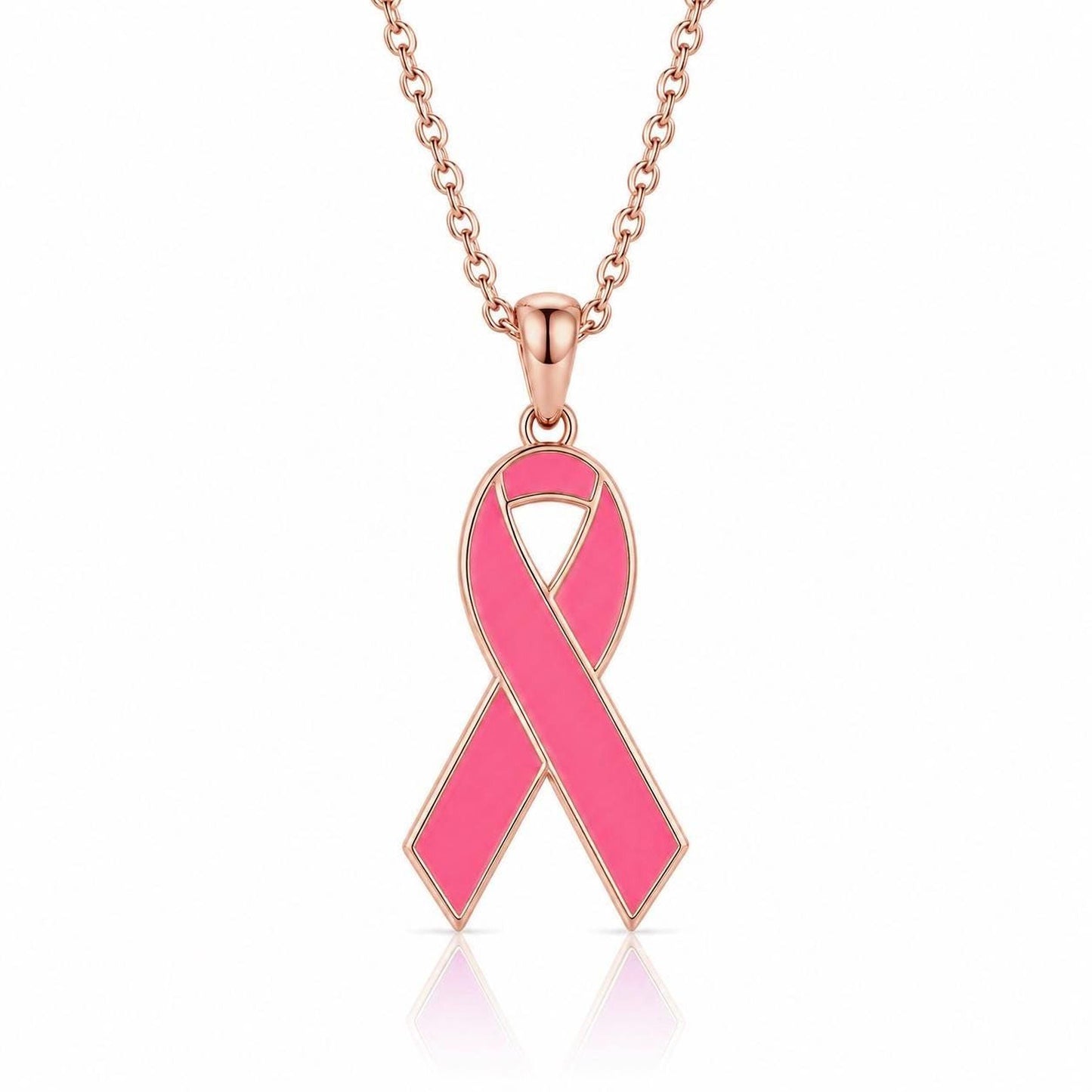 A pink ribbon pendant necklace with a chain.