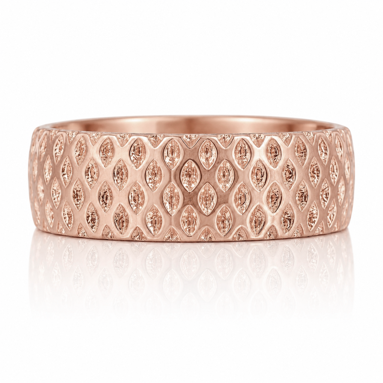 A rose gold band with a textured pattern of small diamonds or pearls.