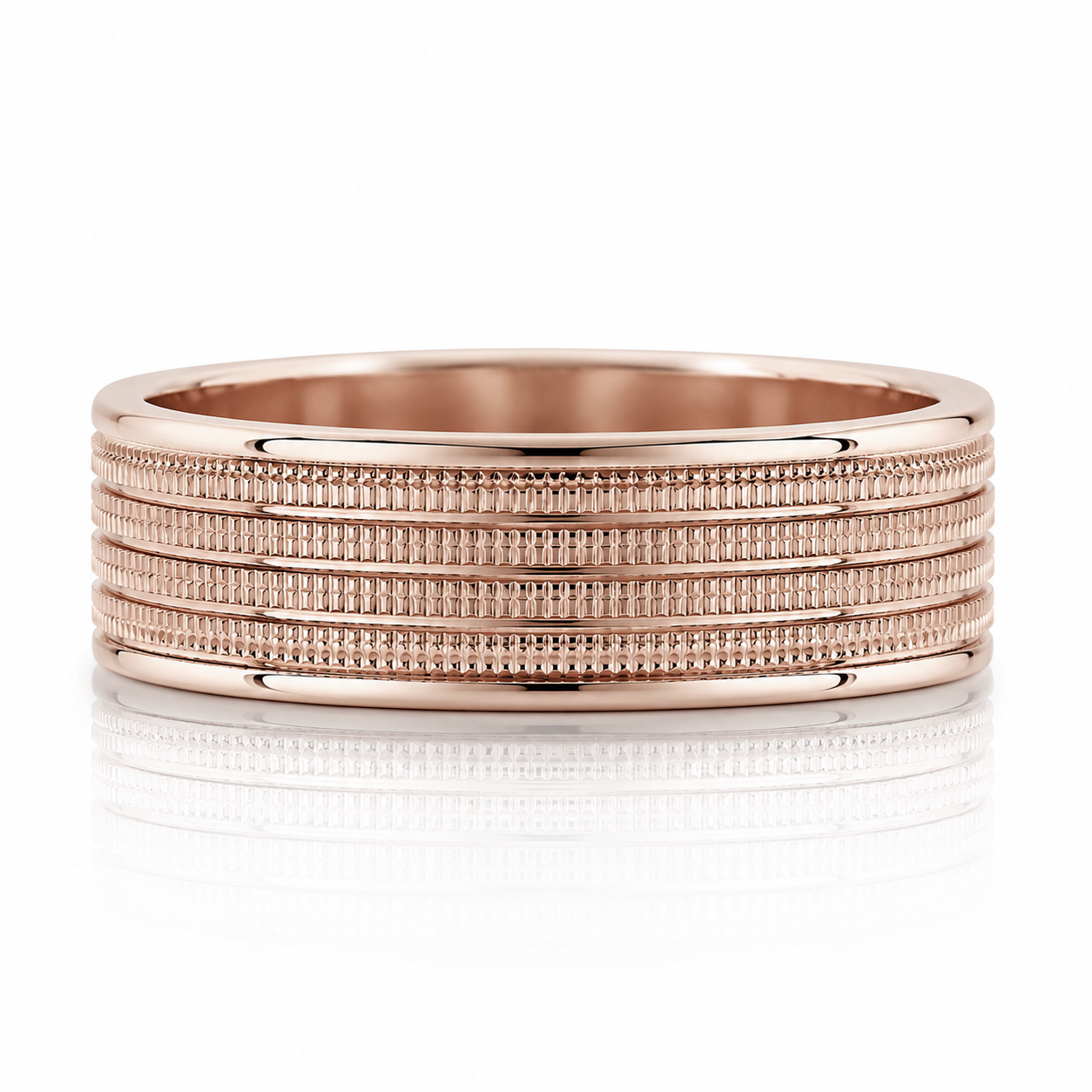 A rose gold ring with a textured band design.