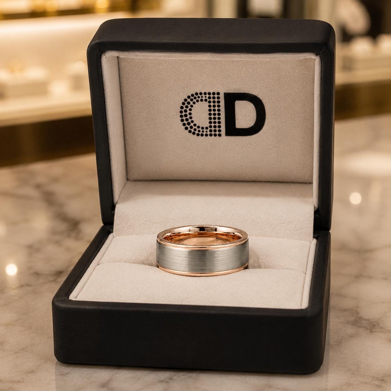 A gold and silver wedding ring is displayed in a black jewelry box with a logo on the inside.