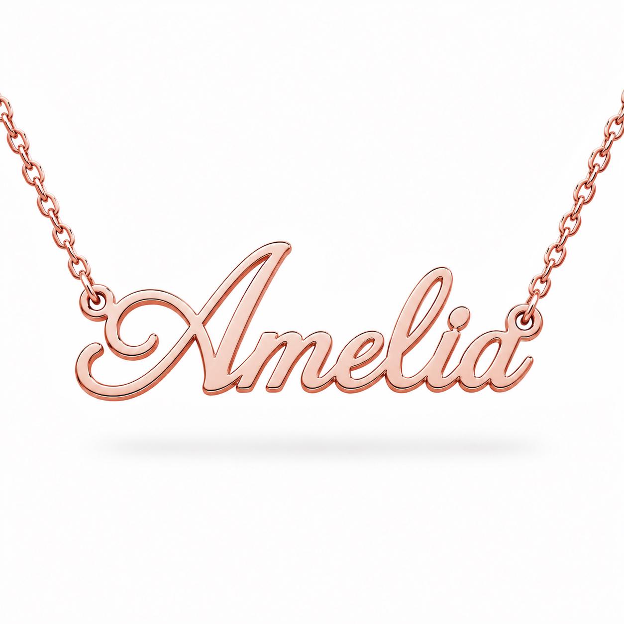 A necklace with the name "Amelia" engraved on it.
