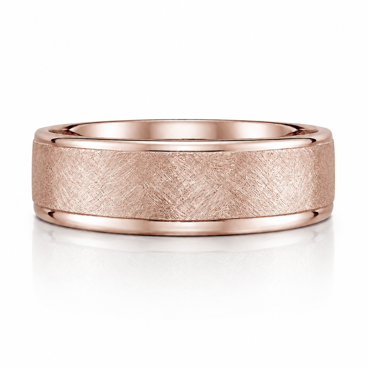 A rose gold ring with a textured band design.