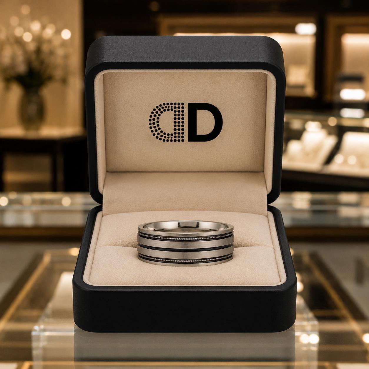 A silver ring is displayed in a black jewelry box with a logo on the inside.