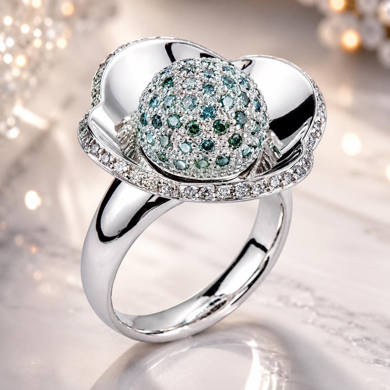 A silver ring with a large, round, blue gemstone at the center, surrounded by smaller diamonds.