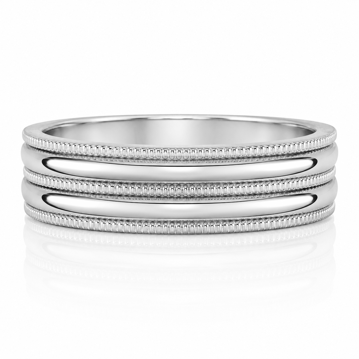 A silver ring with three concentric bands, showcasing a textured and intricate design.