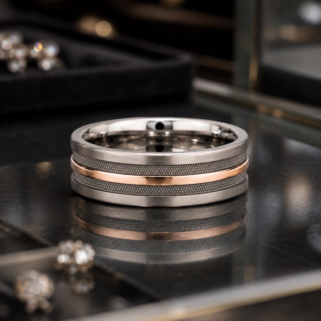 A silver and gold ring with a textured band sits on a reflective surface, surrounded by other jewelry pieces.