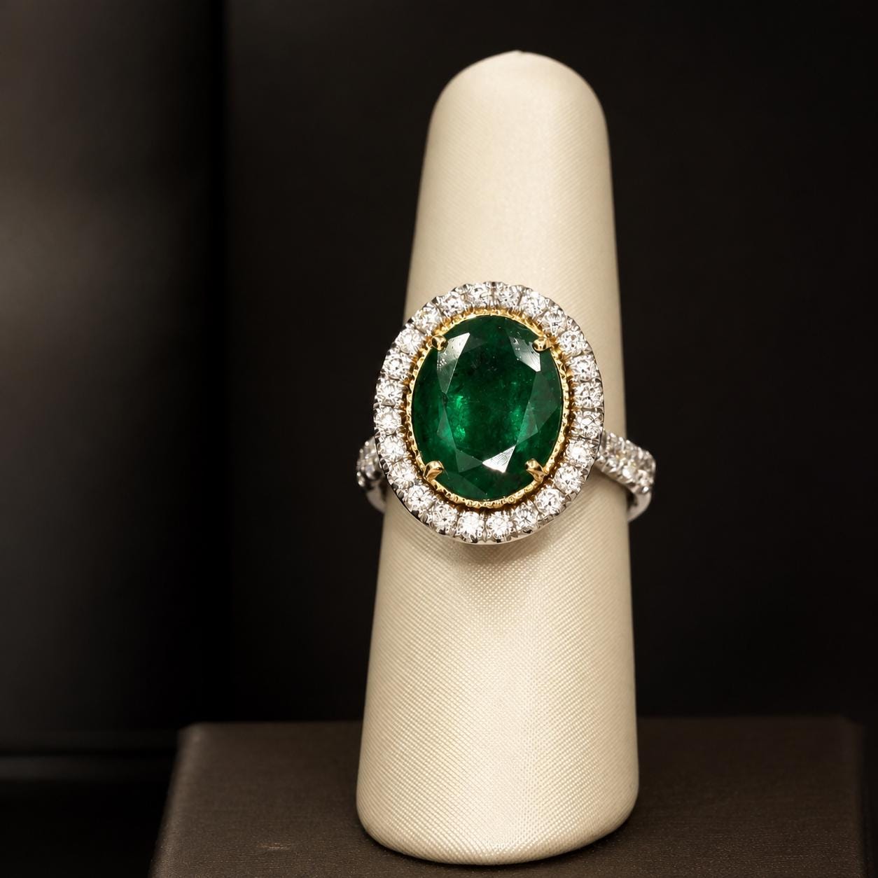 A white jewelry stand displays a large oval-shaped green gemstone ring with a halo of smaller diamonds around it.