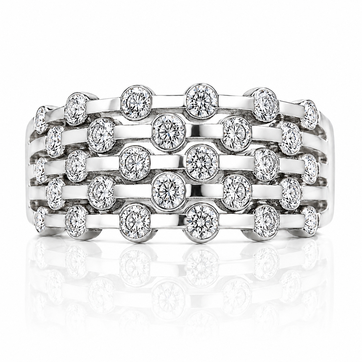 A silver ring adorned with numerous round diamonds arranged in a repeating pattern.