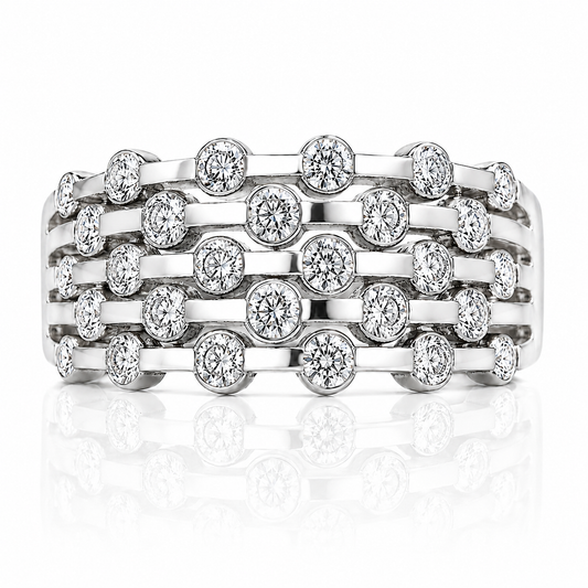 A silver ring adorned with numerous round diamonds arranged in a repeating pattern.
