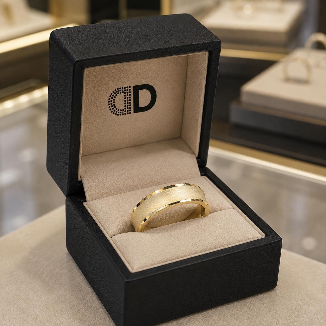 A gold ring is displayed in a black jewelry box with the letters "CD" printed on it.