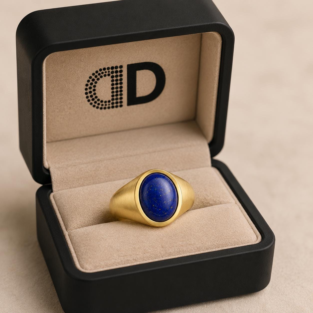 A gold ring with a blue lapis lazuli stone is displayed in a black jewelry box with a logo on the inside.