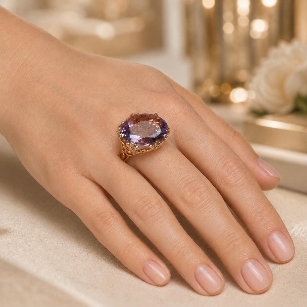 A close-up of a hand wearing a large, ornate ring with a purple gemstone.