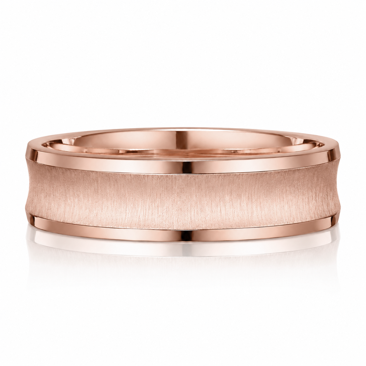 A rose gold ring with a textured band.