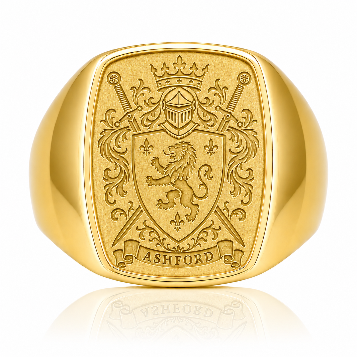 A gold ring with a shield-shaped emblem featuring a lion, crossed swords, and a crown, with the word "ASHFORD" below the emblem.