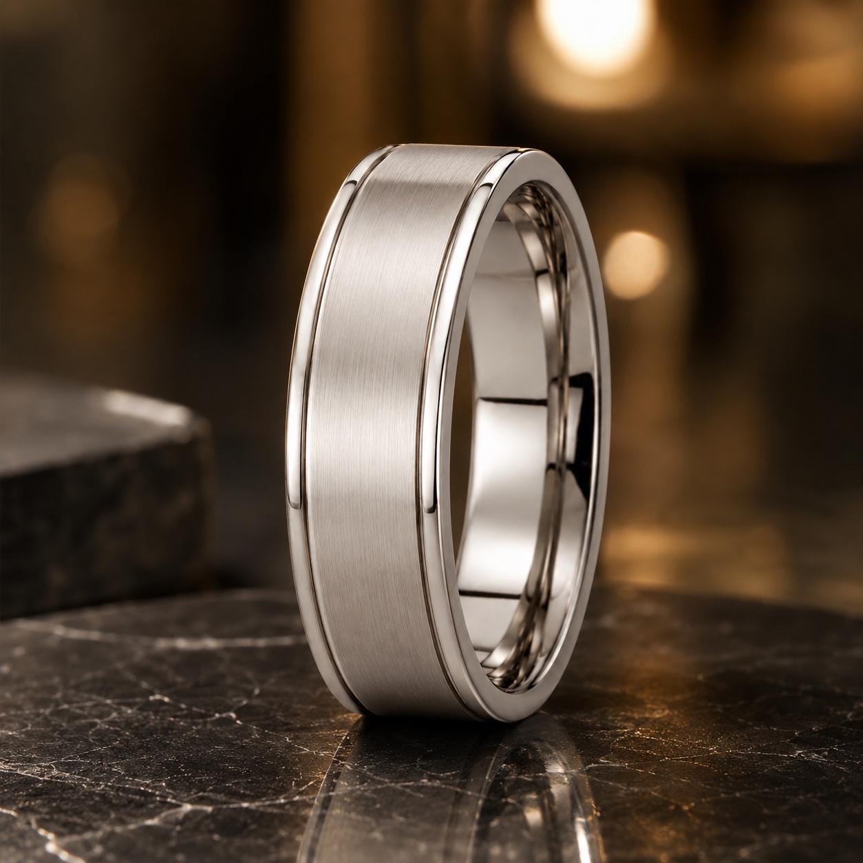 A silver-colored ring with a smooth, polished surface sits on a dark, reflective surface.