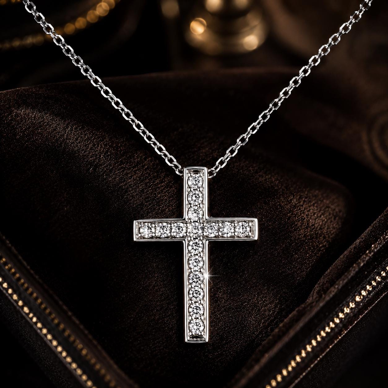 A silver cross pendant with small diamonds set in a dark background.