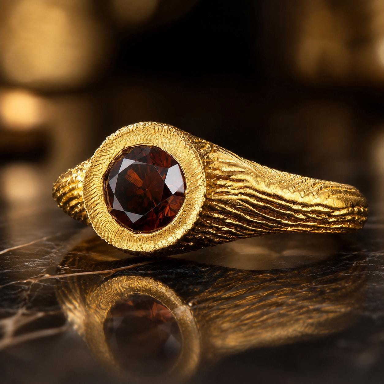 A close-up image of a gold ring with a large, deep red gemstone set in the center, resting on a reflective surface.