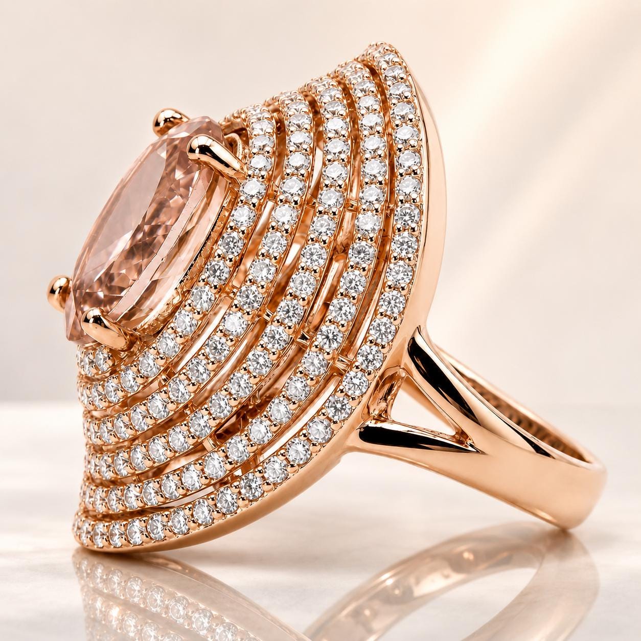 A gold ring with a large oval-shaped gemstone and numerous small diamonds set in a layered design.