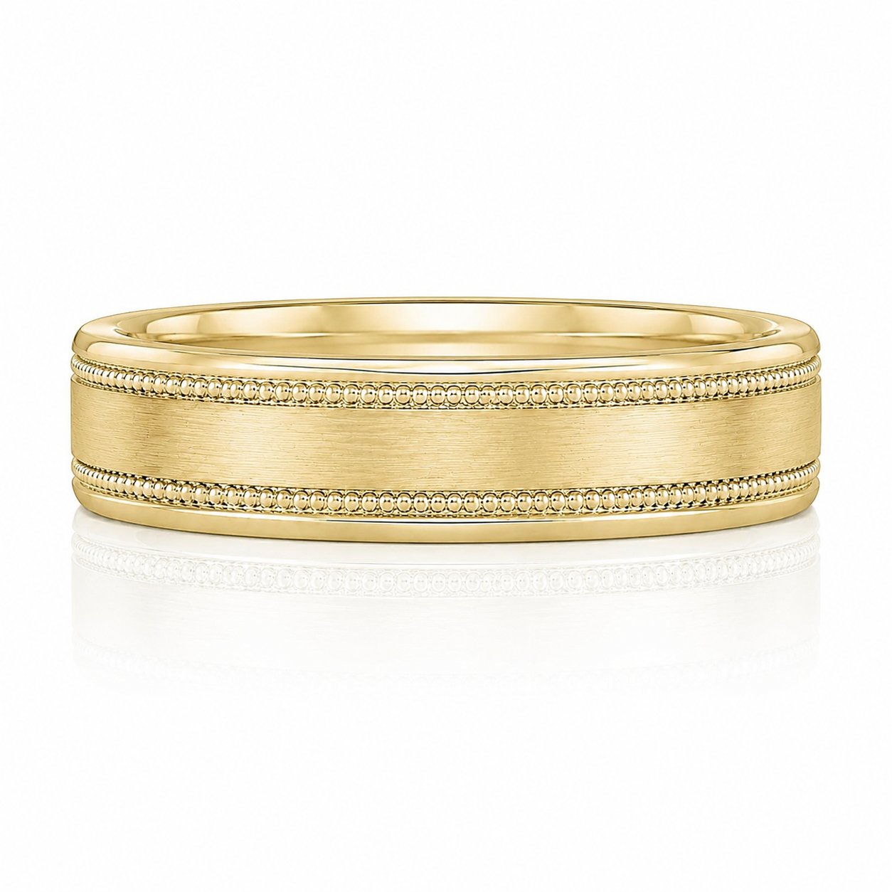 A gold ring with a textured band and small diamonds along the edges.