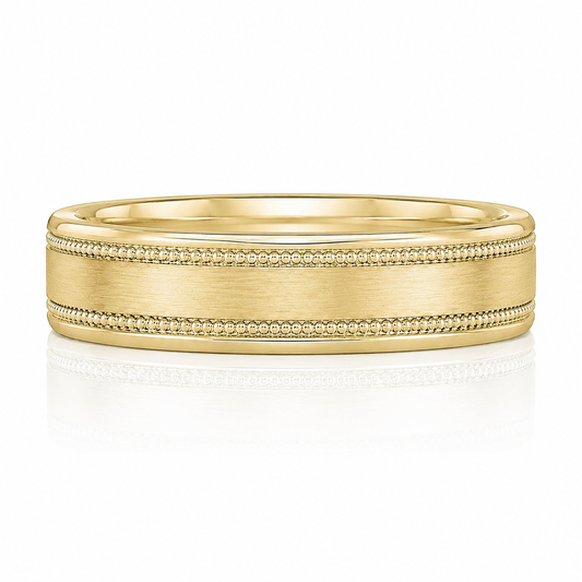 A gold ring with a textured band and small diamonds along the edges.