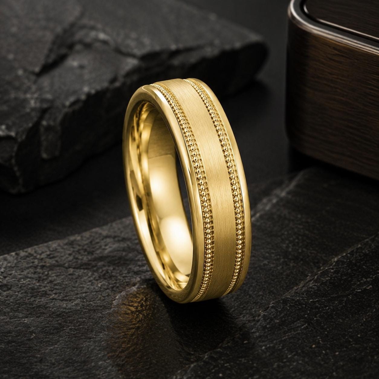 A gold-colored ring with a textured band is displayed on a dark surface, with a dark object in the background.