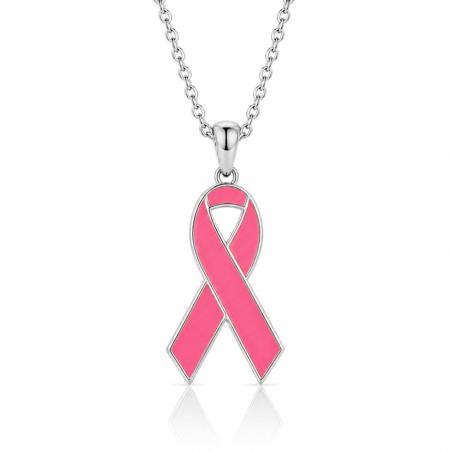 A silver necklace with a pendant in the shape of a pink ribbon, which is a symbol commonly associated with breast cancer awareness.