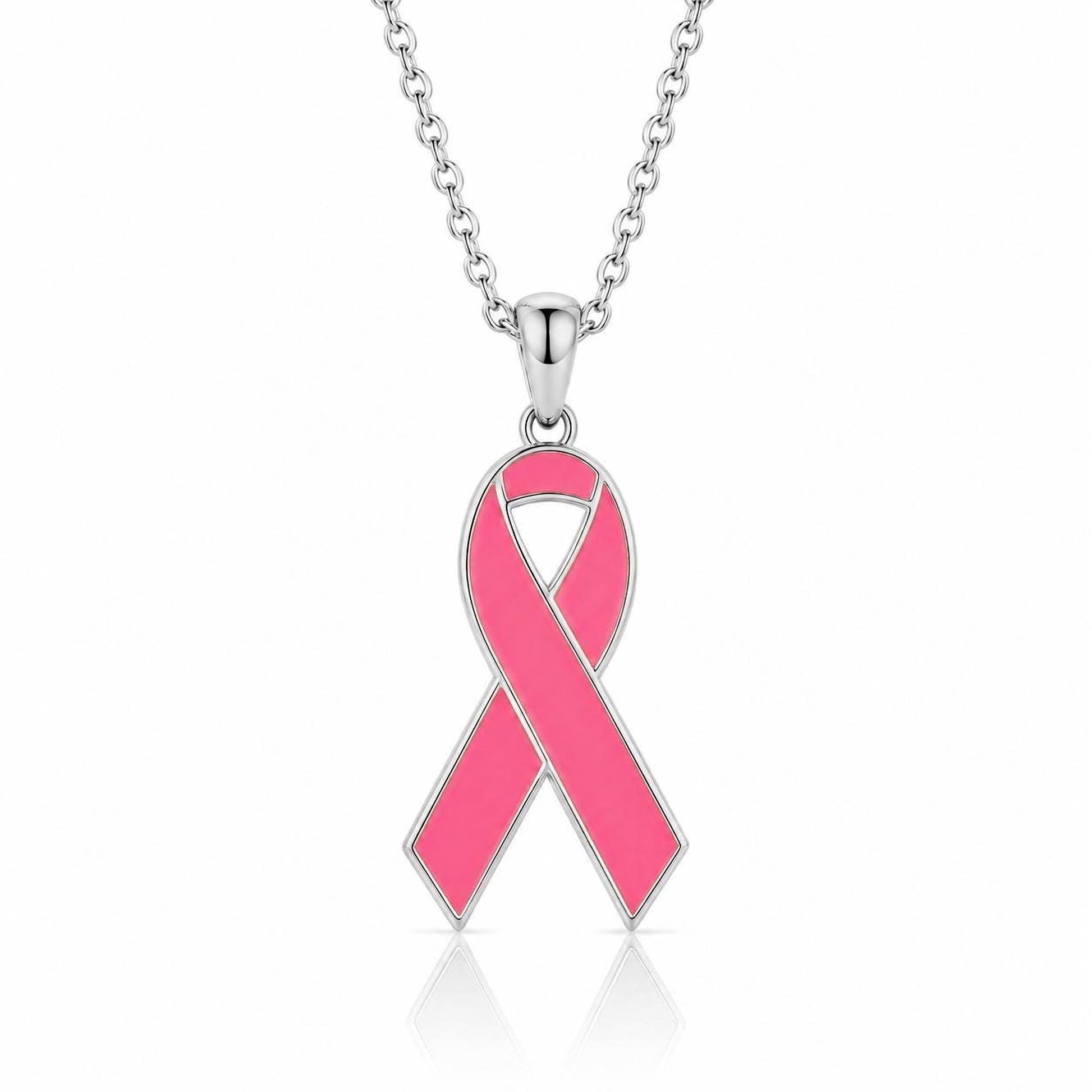 A silver necklace with a pendant in the shape of a pink ribbon, which is a symbol commonly associated with breast cancer awareness.