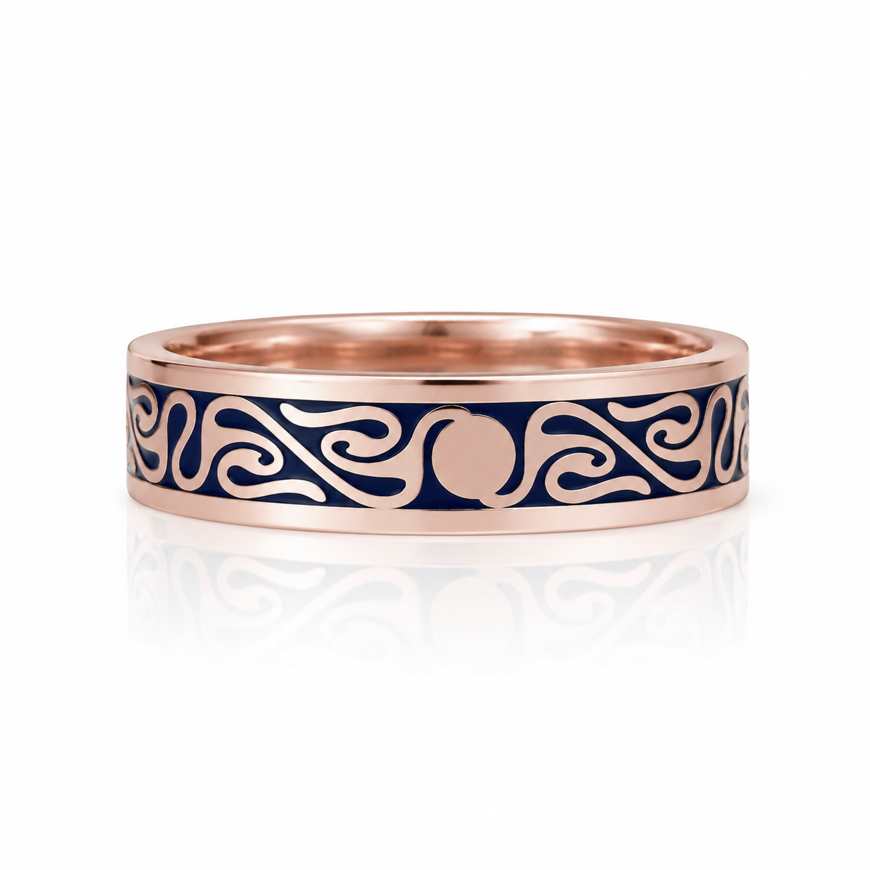 A rose gold ring with a blue and white swirling pattern around the band.
