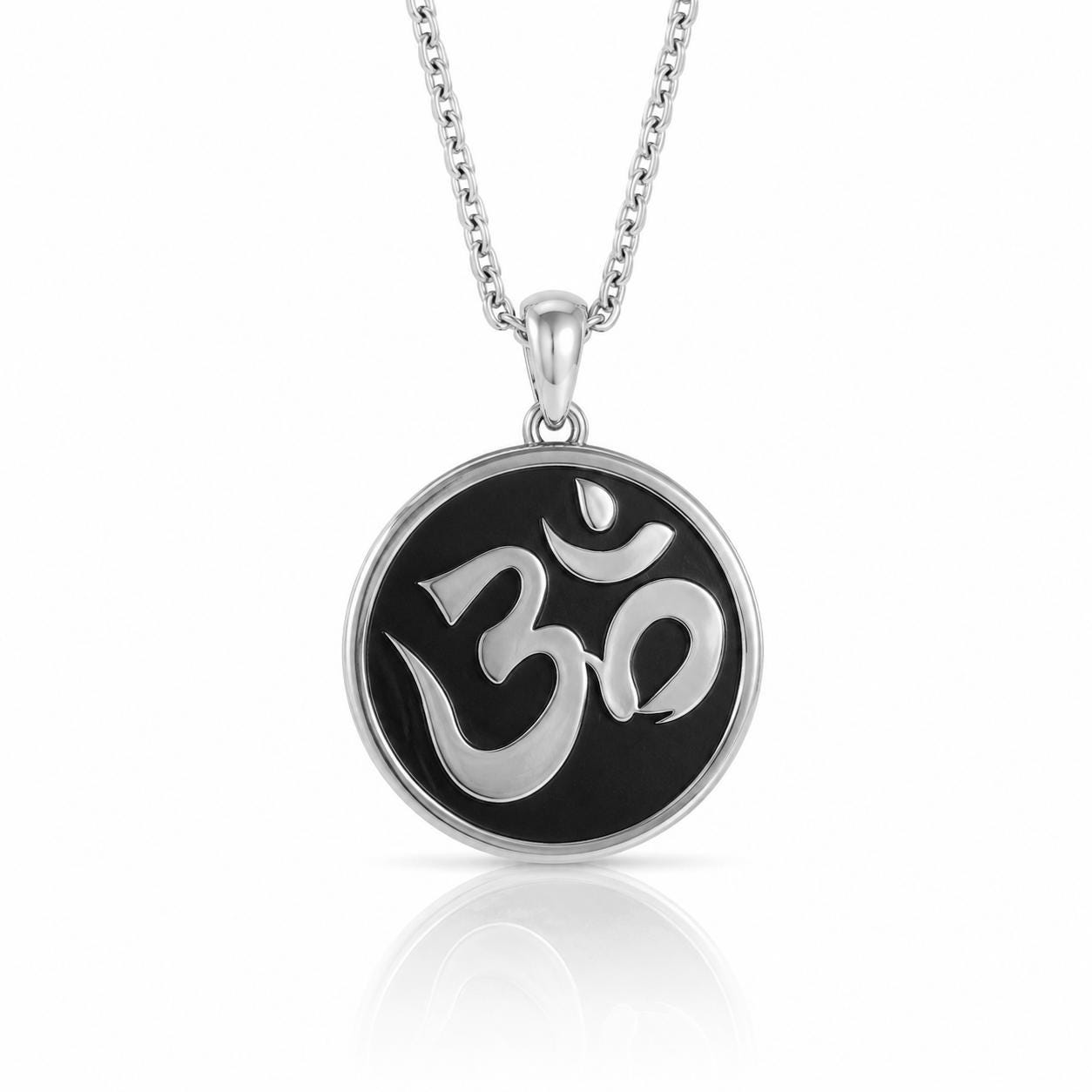 A silver-toned pendant necklace with a circular pendant featuring the Om symbol, a significant symbol in Hinduism and yoga.