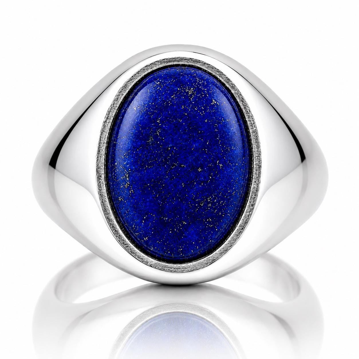 A silver ring with a large oval-shaped lapis lazuli gemstone set in the center.