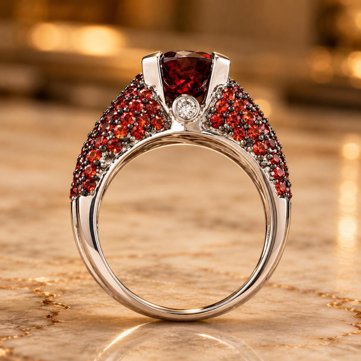 A silver ring with a large red gemstone, possibly a ruby, set in the center.