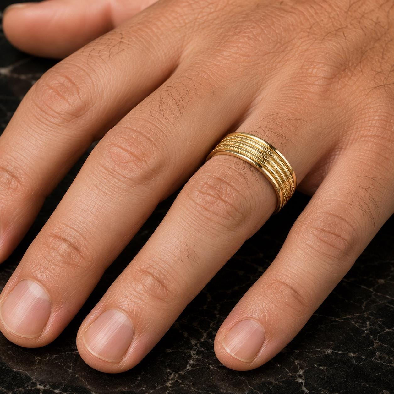 A close-up view of a person's hand wearing a gold ring with multiple bands.